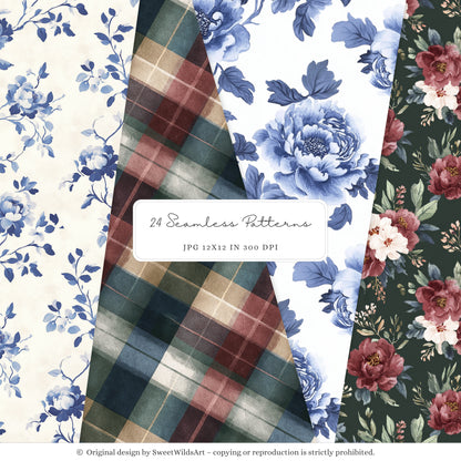 Little Classics - Watercolor Seamless Patterns, Grandmillennial Floral Hydrangea | 24 JPEG