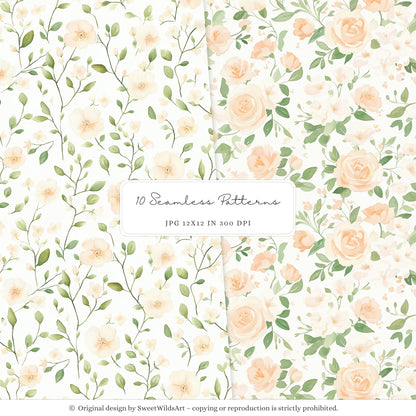 Sweet Peach - Seamless Patterns, Gingham, Cute Summer, Blossoms | 10 JPEG