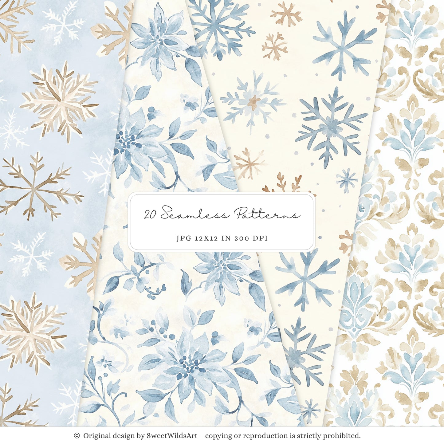 Winter Geese - Winter Seamless Patterns, Soft Blue Beige Plaid, Stripes | 20 JPEG