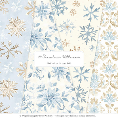 Winter Geese - Winter Seamless Patterns, Soft Blue Beige Plaid, Stripes | 20 JPEG
