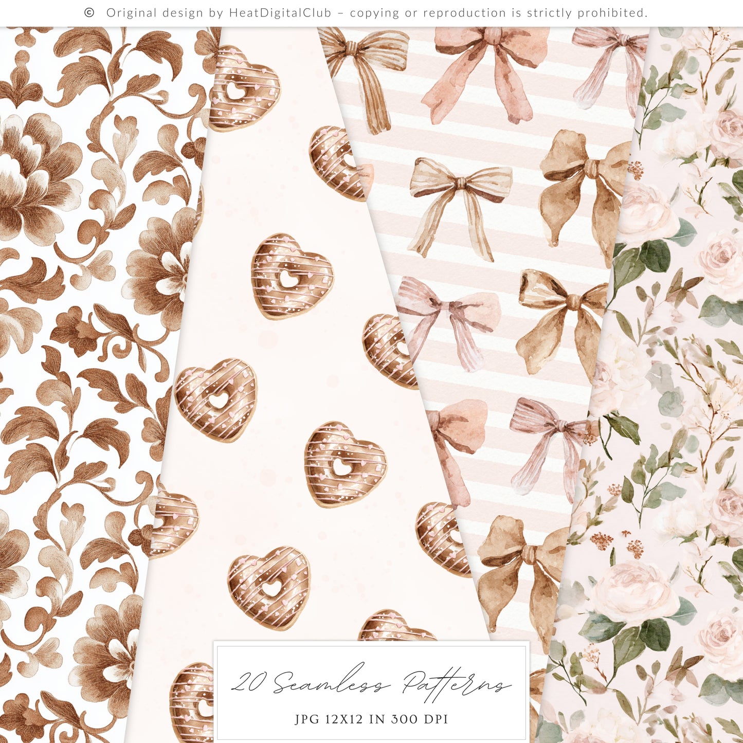 Sweet Romance - Seamless Patterns, Valentine Baking, Pink Brown, Romantic Love | 20 JPEG