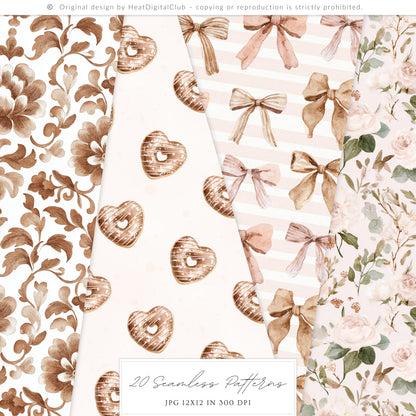 Sweet Romance - Seamless Patterns, Valentine Baking, Pink Brown, Romantic Love | 20 JPEG