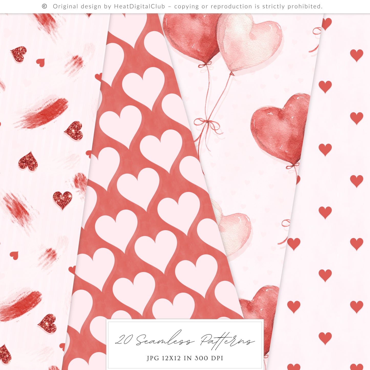 Heart to Heart - Valentine' Day Seamless Patterns, Red & Pink Romantic Love, Hearts Roses | 20 JPEG