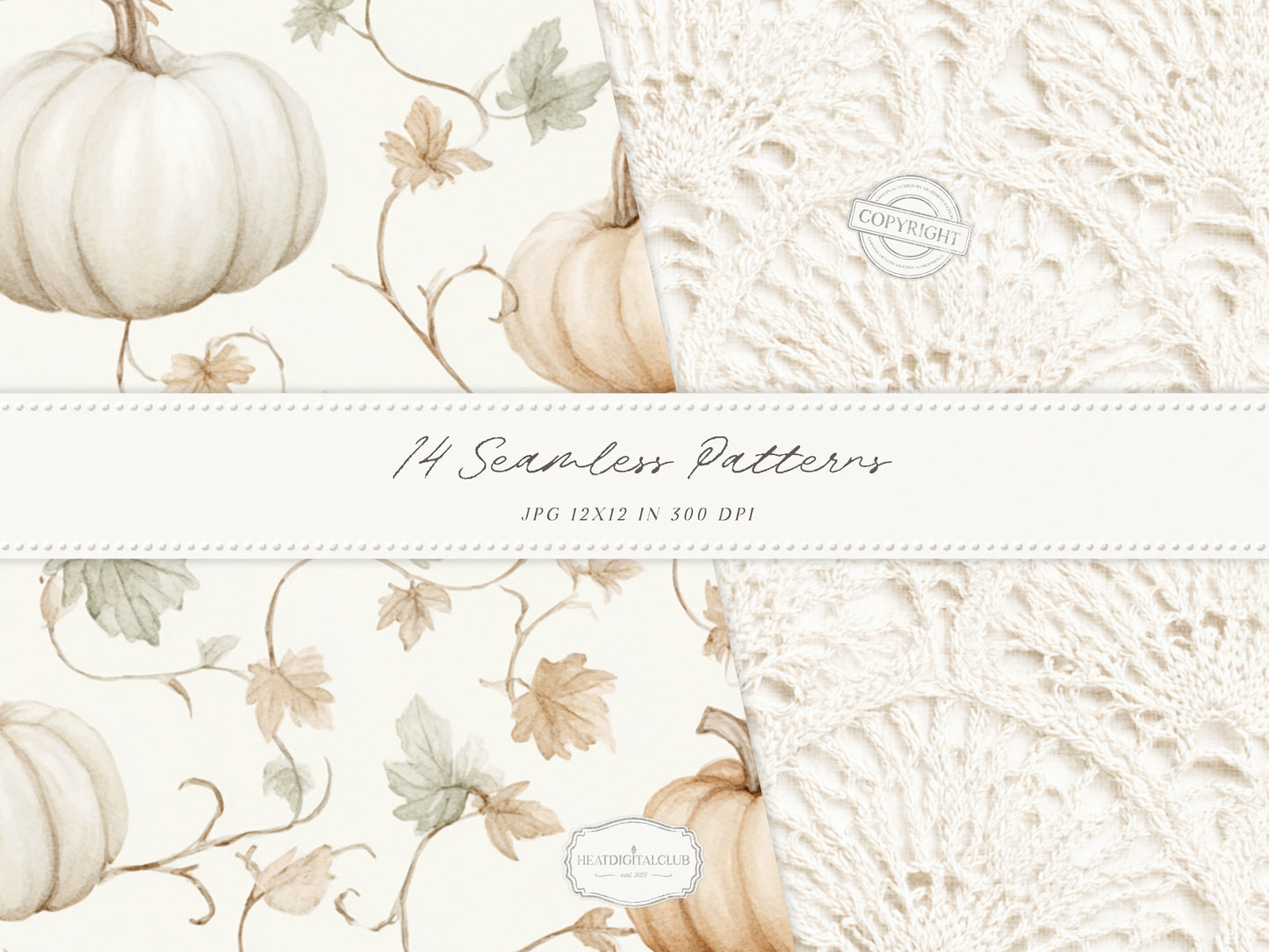 Bohemian Fall - Seamless Patterns, Boho Autumn, Cream Brown Floral Patterns, Pumpkins, Plaid | 14 JPEG