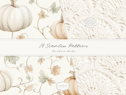 Bohemian Fall - Seamless Patterns, Boho Autumn, Cream Brown Floral Patterns, Pumpkins, Plaid | 14 JPEG