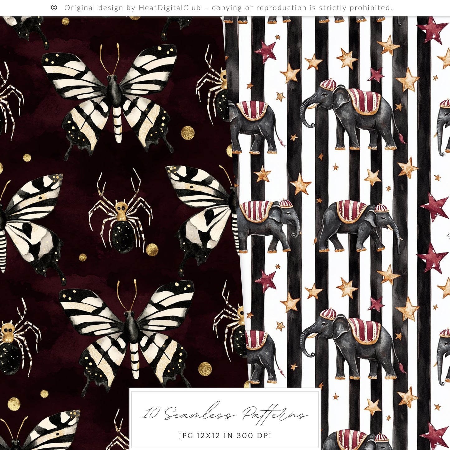 Dark Circus - Seamless Patterns, Gothic, Burgundy, Halloween | 10 JPEG