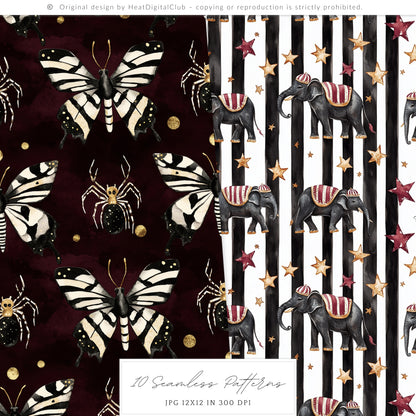 Dark Circus - Seamless Patterns, Gothic, Burgundy, Halloween | 10 JPEG