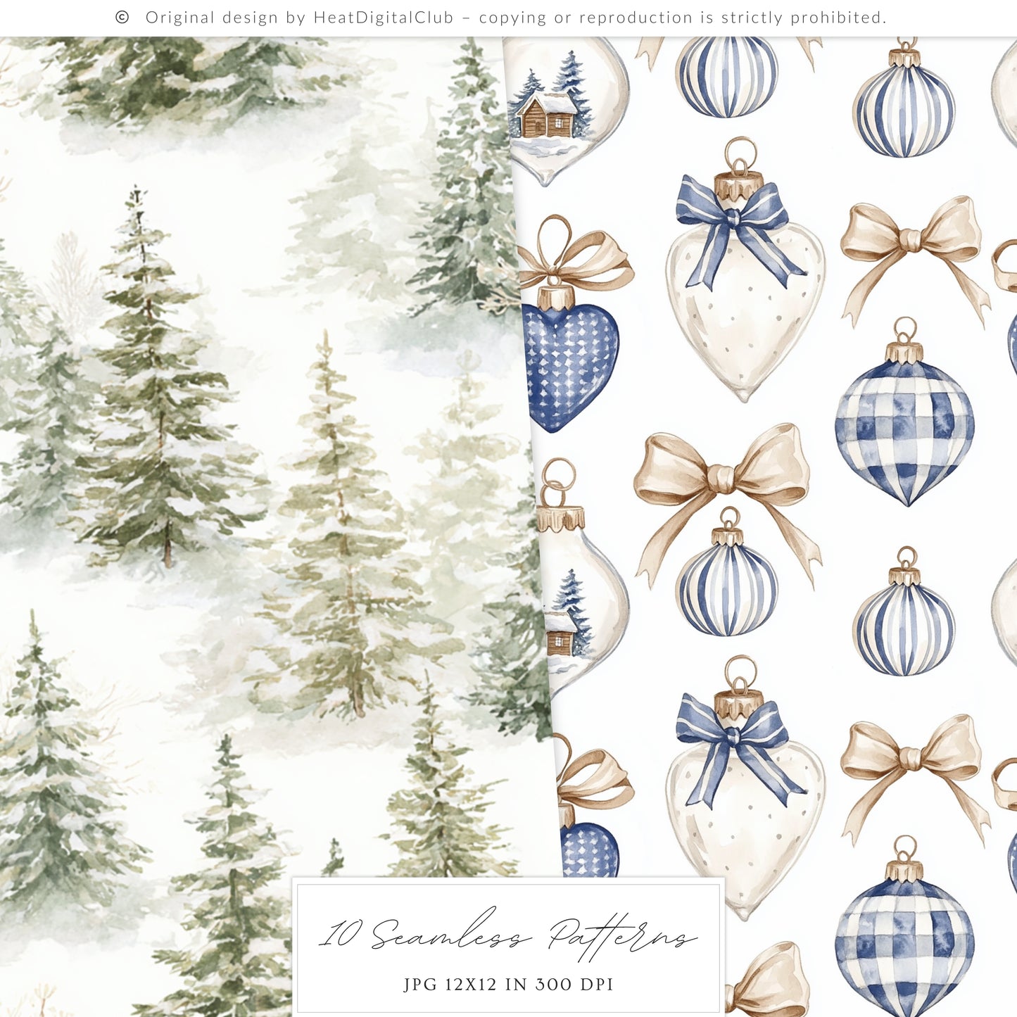 Winter Residence - Watercolor Seamless Patterns, Cozy Elegant Chinoiserie | 10 JPEG