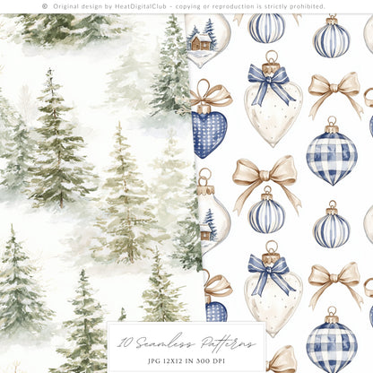Winter Residence - Watercolor Seamless Patterns, Cozy Elegant Chinoiserie | 10 JPEG