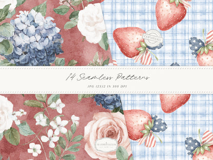 Quiet Americana - Seamless Patterns, Patriotic, 4th of July, Vintage Floral Stripe Quilt, Soft Red Blue Patterns | 14 JPEG