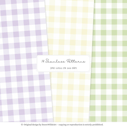 Sweet Easter - Seamless Patterns, Light Purple & Yellow Gingham, Stripes, Pastel Spring | 14 JPEG