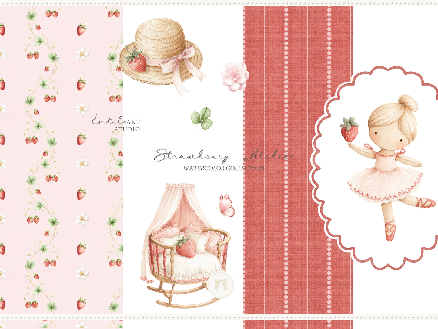 Strawberry Atelier - Bundle Clipart, Cottagecore Nursery, Baby Girl Birthday, Heirloom Toys, Spring | 119 PNG/JPEG