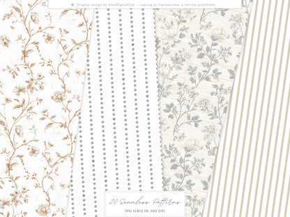 Rustic Atelier - Seamless Patterns, Neutral Floral , Cottagecore, Country, French Rustic | 20 JPEG