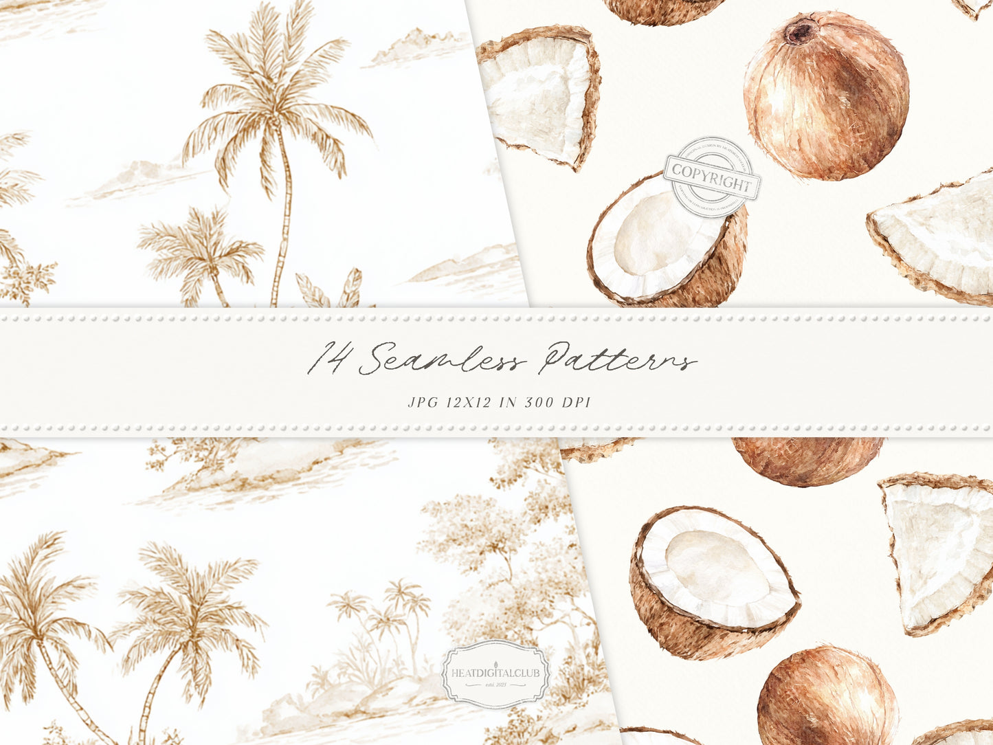 Coconut Dune - Tropical Seamless Patterns, Neutral Beach Patterns, Palm Leaves, Coastal Summer | 14 JPEG