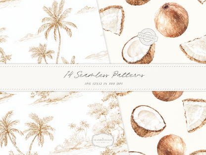 Coconut Dune - Tropical Seamless Patterns, Neutral Beach Patterns, Palm Leaves, Coastal Summer | 14 JPEG