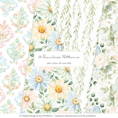 Sweet Classics - Seamless Patterns, Pastel Gingham, Floral Scrapbook Paper, Baby Nursery | 24 JPEG
