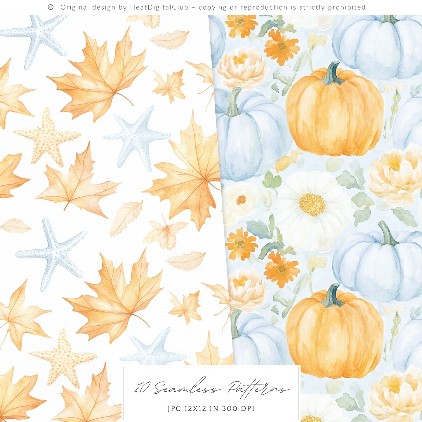 Autumn Shore - Seamless Patterns, Coastal Fall, Blue Orange Pumpkin | 10 JPEG