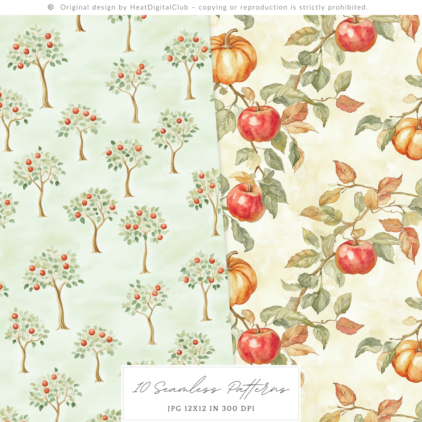 Falling Apples - Seamless Patterns, Cozy Autumn Gingham, Pumpkins | 10 JPEG