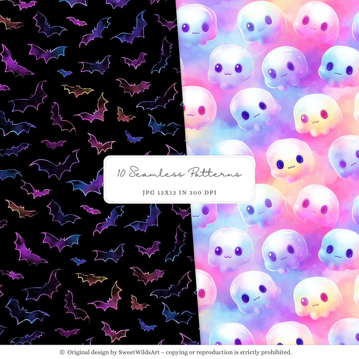 Glowlloween - Neon Seamless Halloween Patterns,Cute Ghost & Pumpkin | 10 JPEG