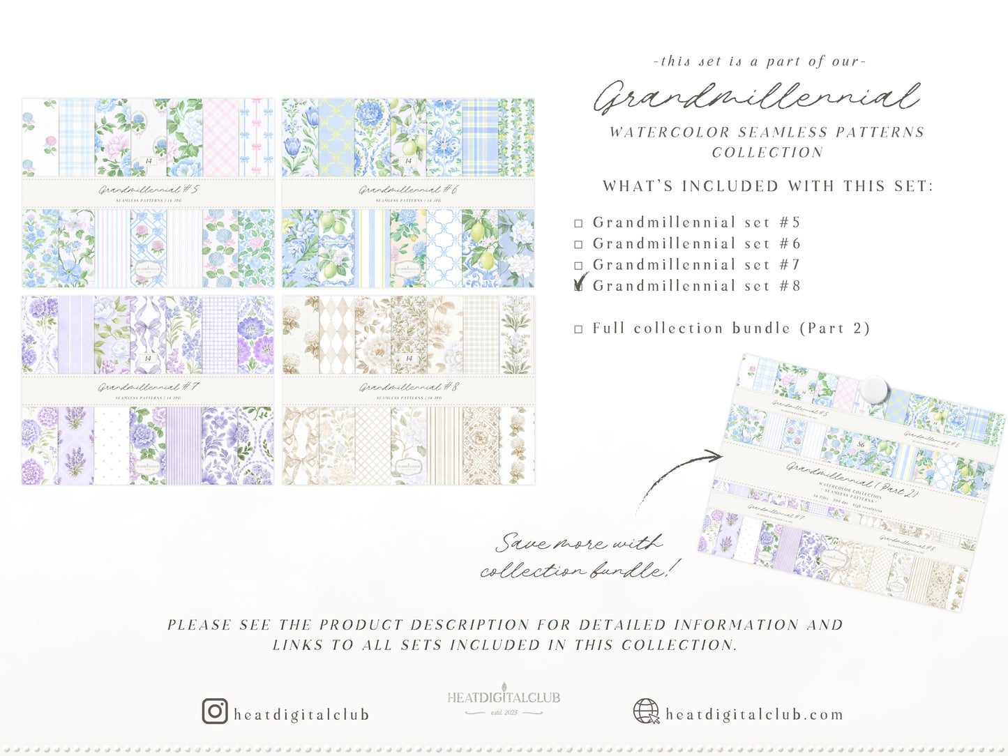 Grandmillennial Set 8 - Seamless Patterns, Beige Neutral Floral, Estate Botanical, Stripes, Damask Patterns | 14 JPEG