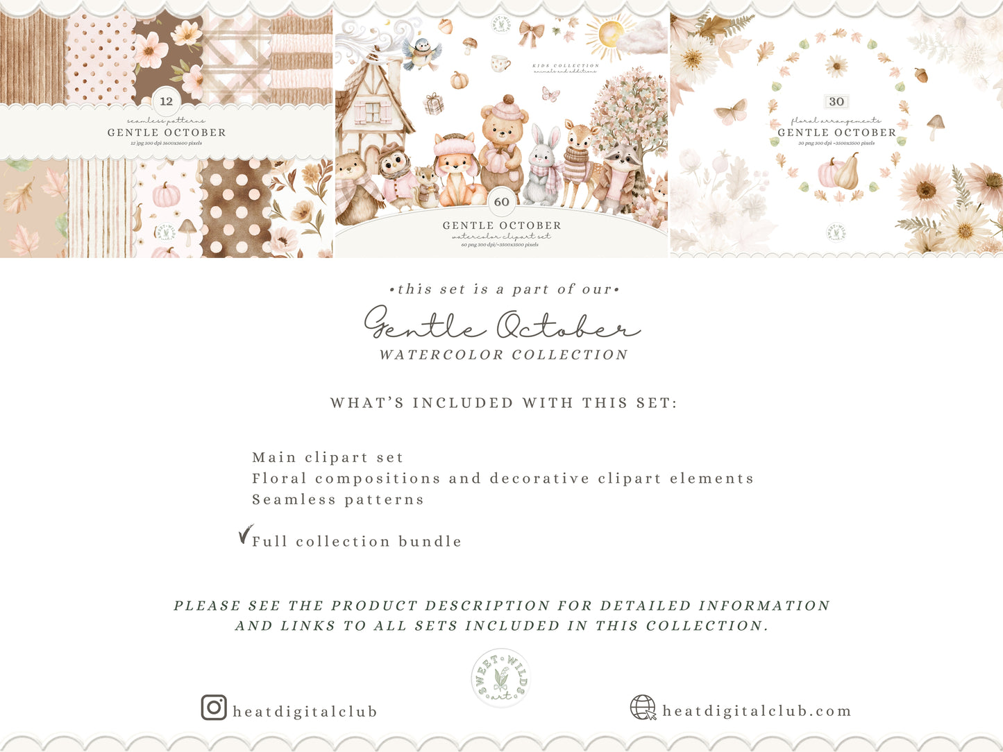 Gentle October - Watercolor Fall Clipart Seamless Patterns Bundle, Kids Woodland Collection | 102 PNG/JPEG