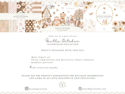 Gentle October - Watercolor Fall Clipart Seamless Patterns Bundle, Kids Woodland Collection | 102 PNG/JPEG