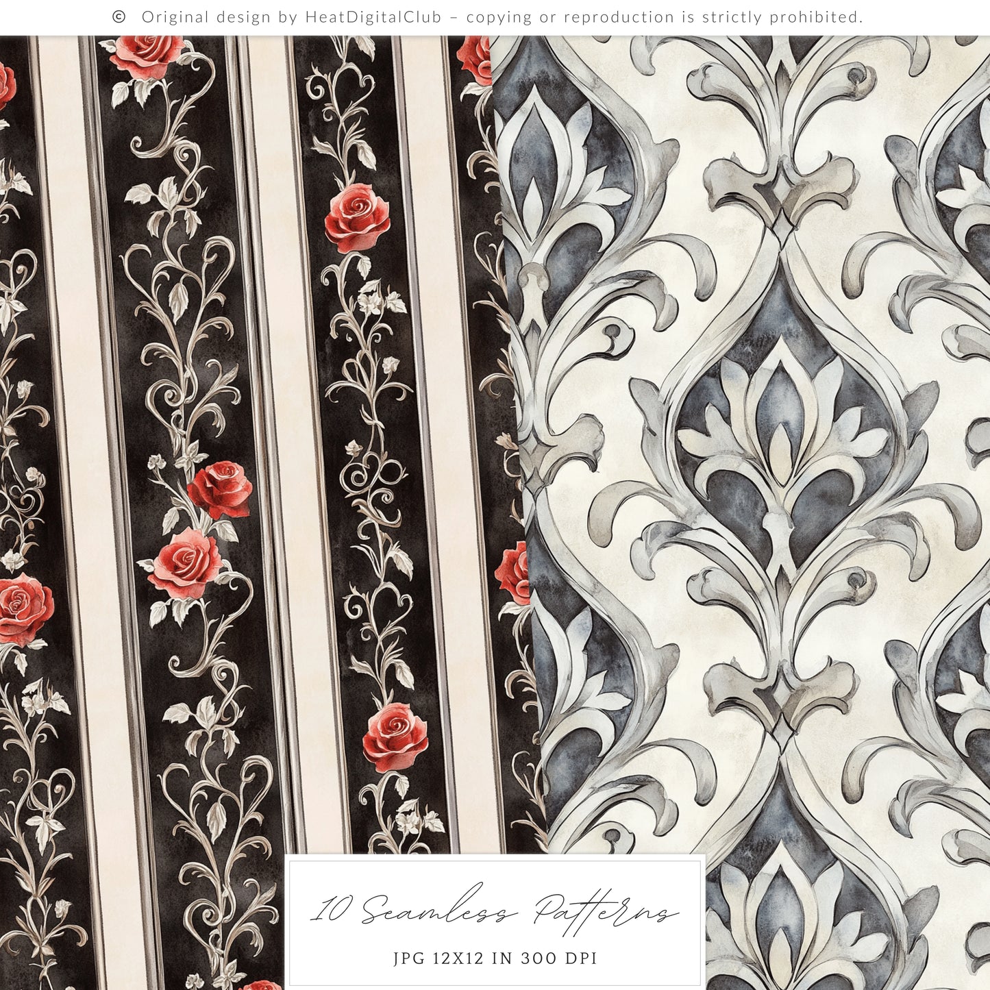 Medievalcore - Gothic Patterns, Red Roses Plaid Chains | 10 JPEG