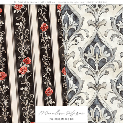 Medievalcore - Gothic Patterns, Red Roses Plaid Chains | 10 JPEG