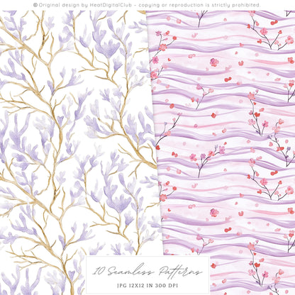 Modern Ariel - Coral, Ocean Seamless Patterns | 10 JPEG