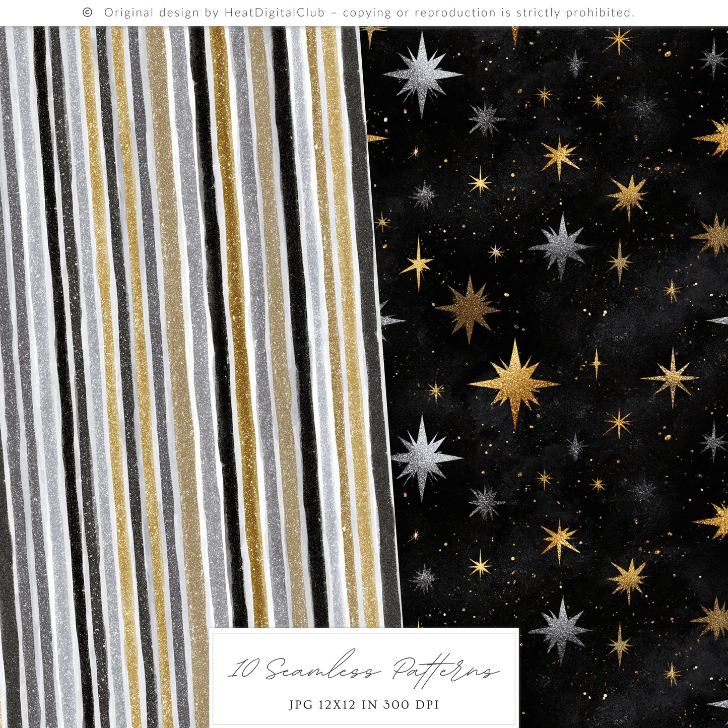 Happy New Year - Seamless Patterns, Black Gold Silver, Glitter Balloons Stars, Festive | 10 JPEG