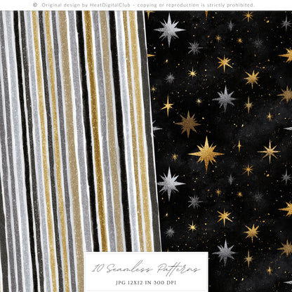Happy New Year - Seamless Patterns, Black Gold Silver, Glitter Balloons Stars, Festive | 10 JPEG