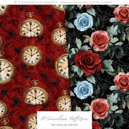 Haunted Alice - Seamless Patterns, Gothic Wonderland Halloween, Roses, Skulls | 10 JPEG