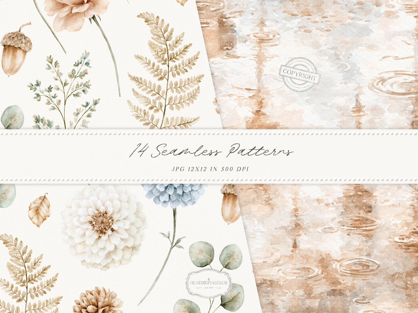 Gentle Fall - Seamless Patterns, Neutral Autumn Patterns, Cozy Watercolor Patterns, Rainy Autumn | 14 JPEG