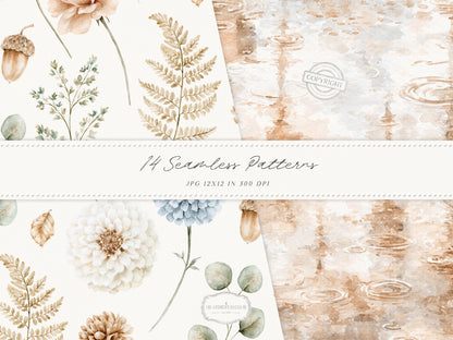 Gentle Fall - Seamless Patterns, Neutral Autumn Patterns, Cozy Watercolor Patterns, Rainy Autumn | 14 JPEG