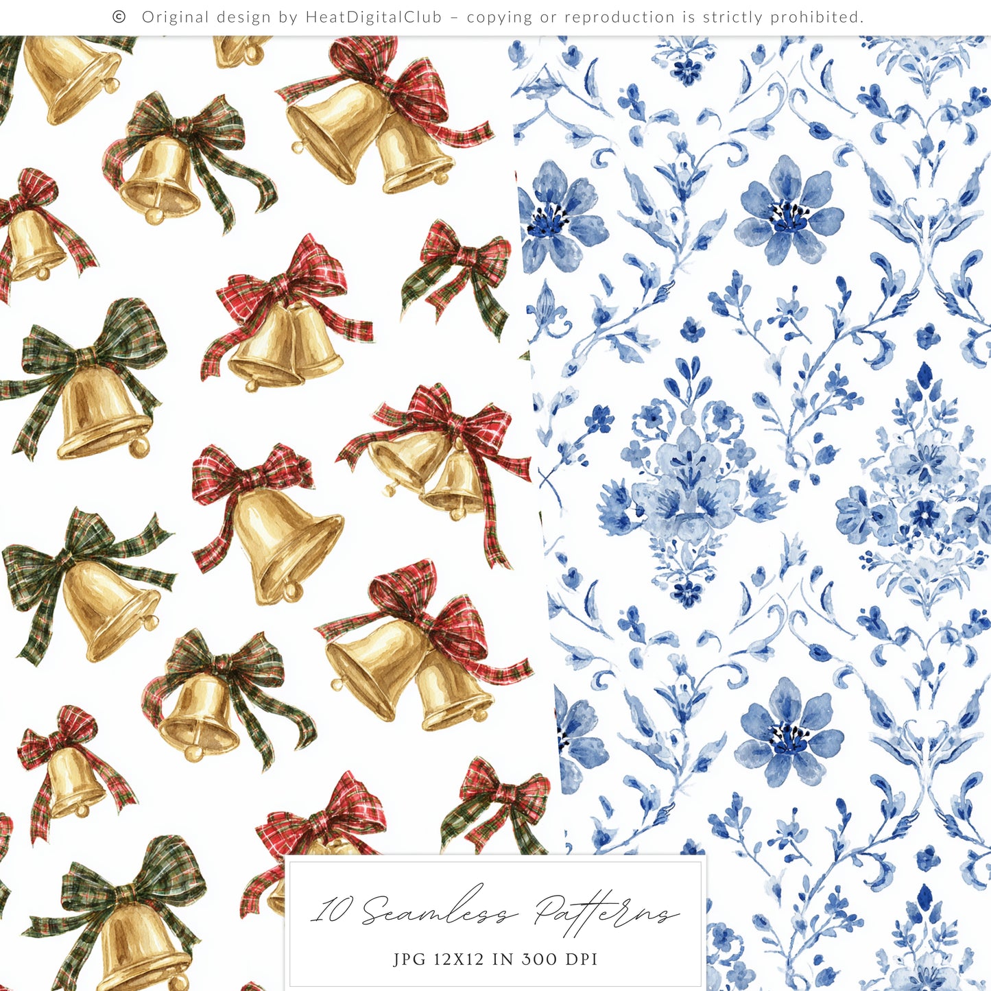 Chinoiserie Holidays - Seamless Patterns, Christmas, Tartan & Floral, Grandmillennial | 10 JPEG