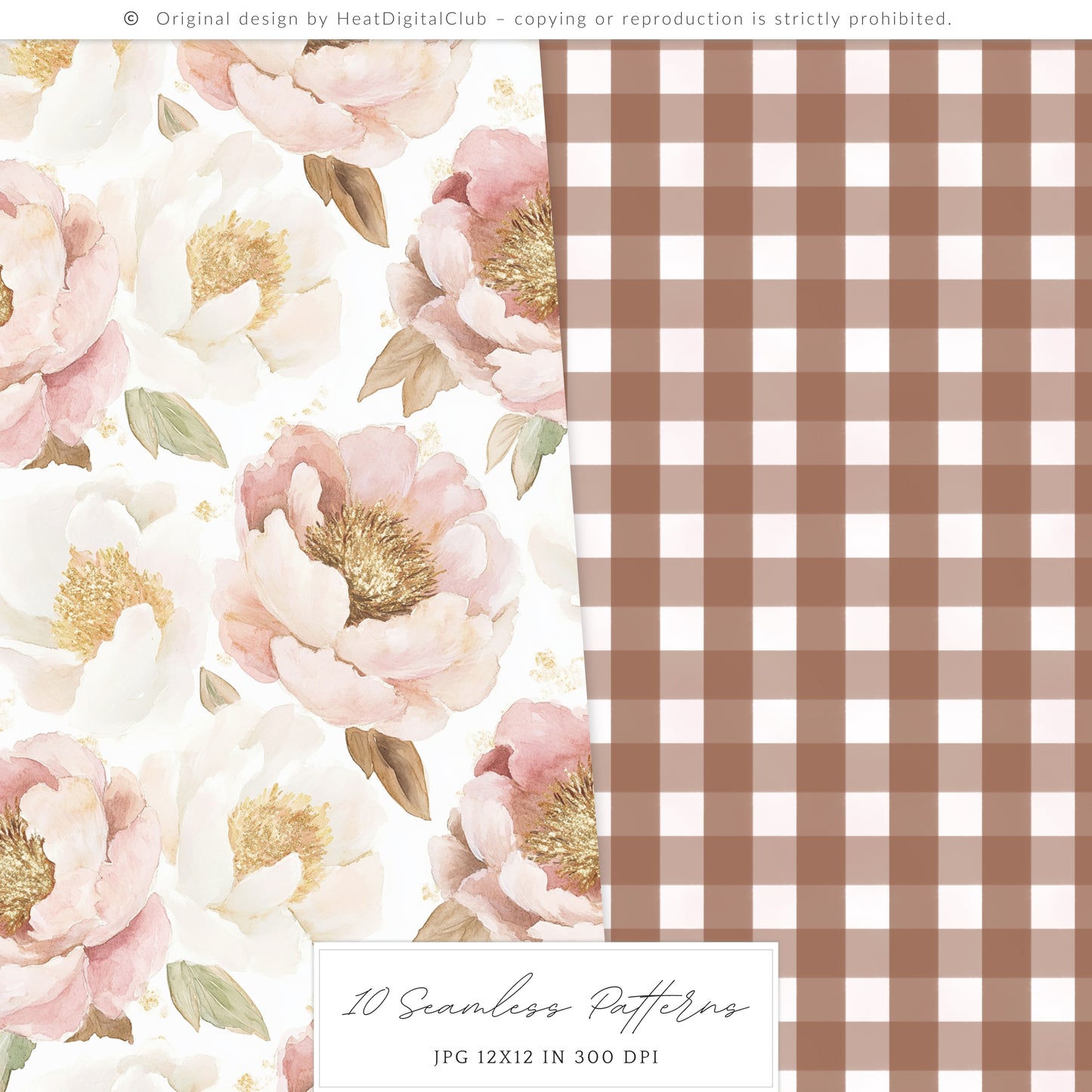 Blush Academia - Seamless Patterns, Light Academia, Pink Brown Peonies | 10 JPEG