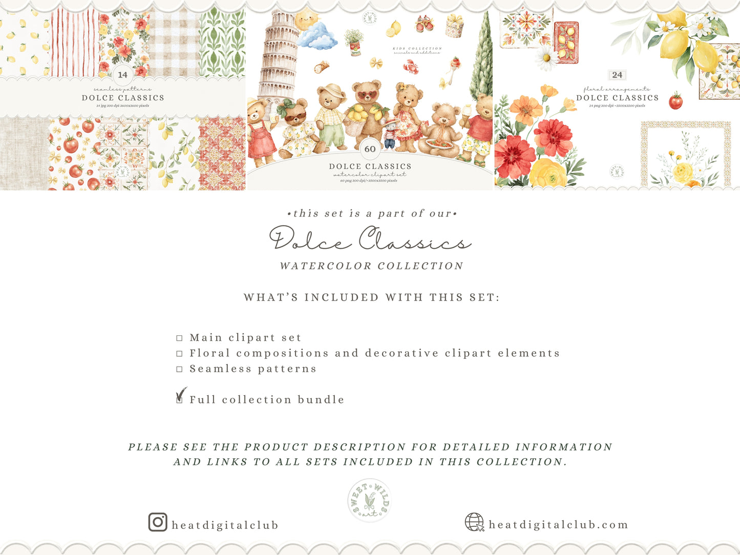 Dolce Classics - Italian Teddy Bear Clipart Bundle, Dolce Vita Animals, Lemon Summer, Cute Nursery , Baby Shower | 98 PNG/JPEG