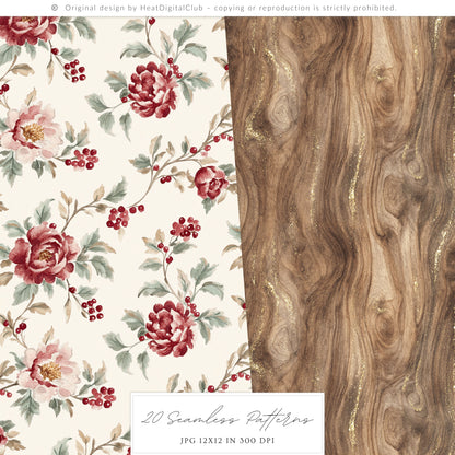 Velvet Noël - Christmas Seamless Patterns, Tartan Holiday Patterns, Elegant Winter | 20 JPEG