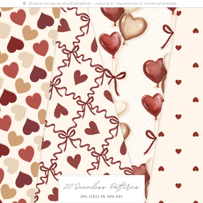 Cherry in Love - Valentine' Day Seamless Patterns, Romantic Love, Hearts Floral, Gingham | 20 JPEG