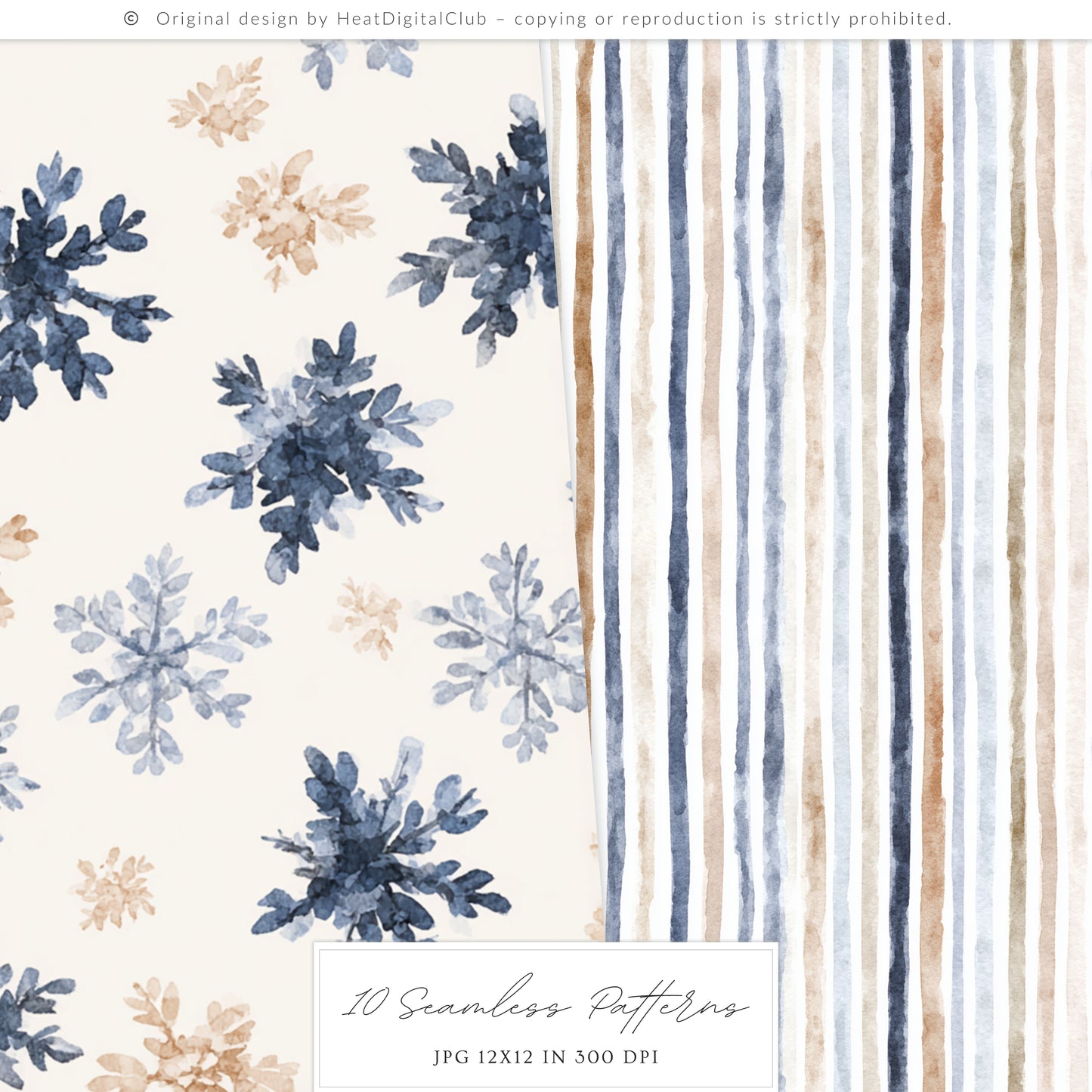 Winter Residence - Watercolor Seamless Patterns, Cozy Elegant Chinoiserie | 10 JPEG