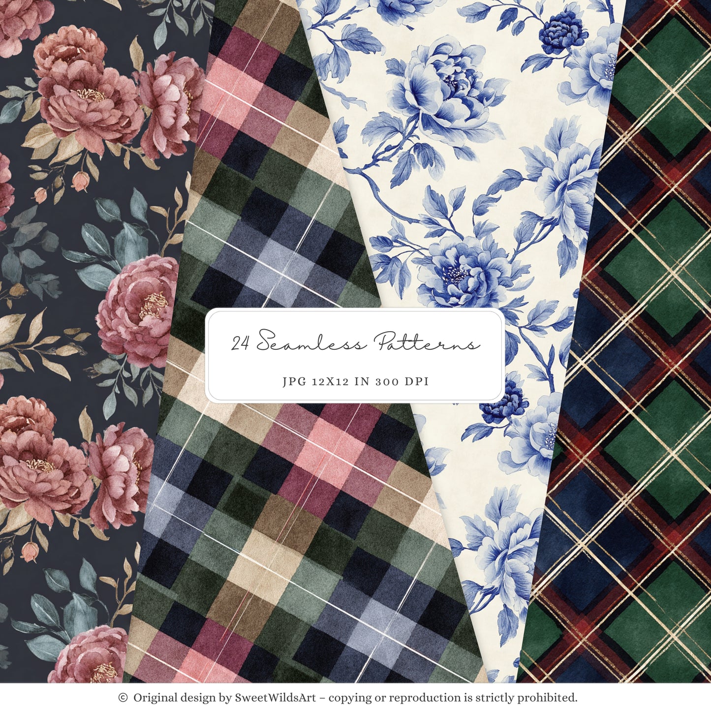 Little Classics - Watercolor Seamless Patterns, Grandmillennial Floral Hydrangea | 24 JPEG