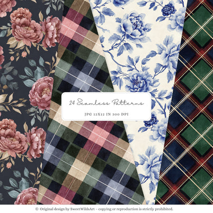 Little Classics - Watercolor Seamless Patterns, Grandmillennial Floral Hydrangea | 24 JPEG