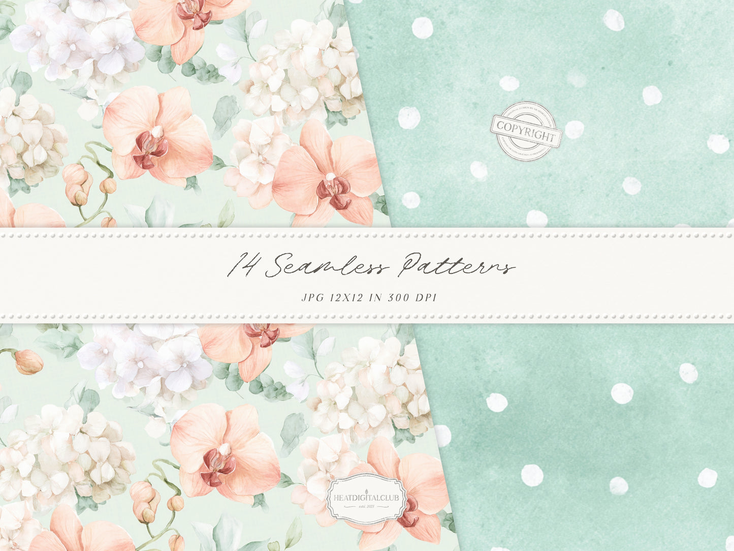Grapefruit Breeze - Summer Seamless Patterns, Beach, Citrus, Mint Green Pattern, Coastal | 14 JPEG