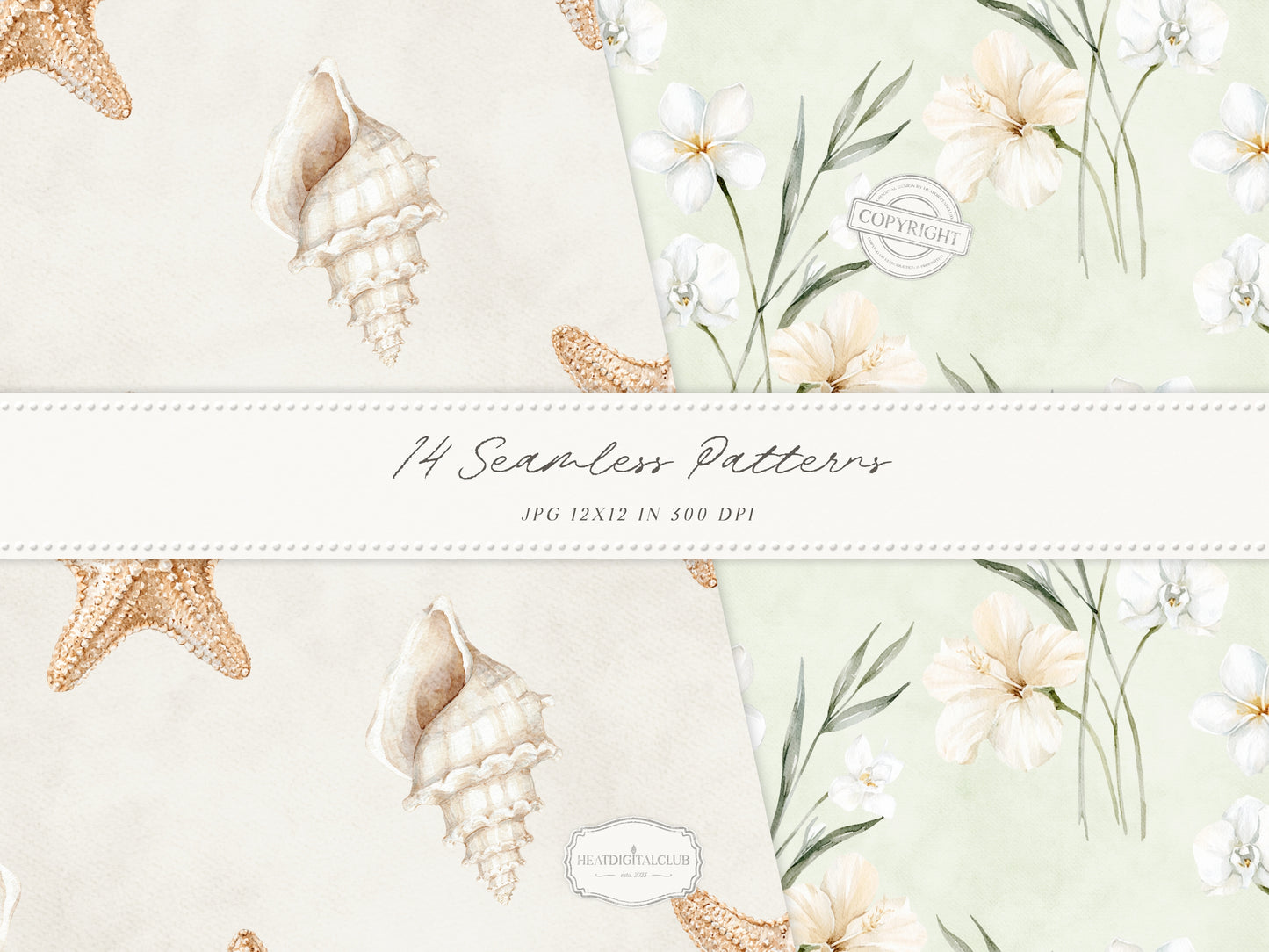 Coconut Dune - Tropical Seamless Patterns, Neutral Beach Patterns, Palm Leaves, Coastal Summer | 14 JPEG