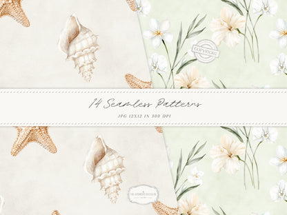 Coconut Dune - Tropical Seamless Patterns, Neutral Beach Patterns, Palm Leaves, Coastal Summer | 14 JPEG
