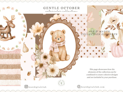 Gentle October - Watercolor Fall Clipart Seamless Patterns Bundle, Kids Woodland Collection | 102 PNG/JPEG