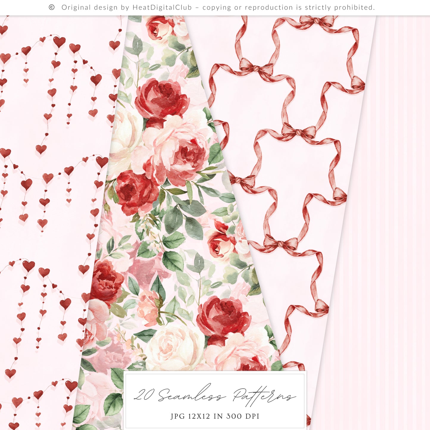 Heart to Heart - Valentine' Day Seamless Patterns, Red & Pink Romantic Love, Hearts Roses | 20 JPEG