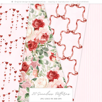 Heart to Heart - Valentine' Day Seamless Patterns, Red & Pink Romantic Love, Hearts Roses | 20 JPEG