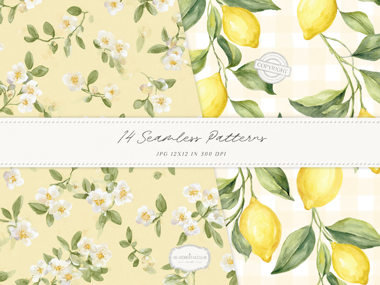 Summer Aperitivo - Seamless Patterns, Italian Citrus Patterns, Lemon Toile Floral Stripe Gingham | 14 JPEG