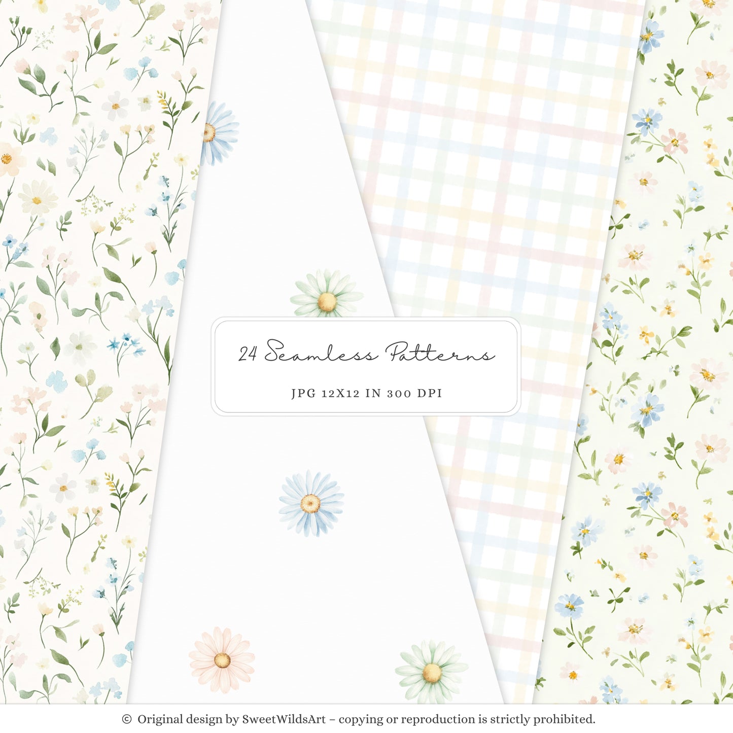 Sweet Classics - Seamless Patterns, Pastel Gingham, Floral Scrapbook Paper, Baby Nursery | 24 JPEG
